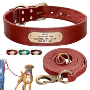 Leren halsband met persoonlijke tekst + riem 150cm