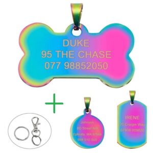Regenboog hondenpenning - Gegraveerd met naam, telefoonnummer en adres