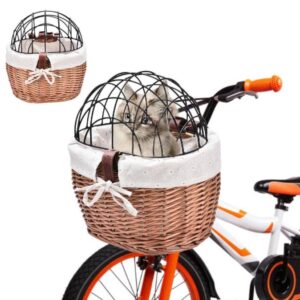 Gevlochten fietsmand  met rooster voor huisdieren