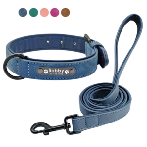 Leren halsband met gepersonaliseerde tekst + riem 120cm