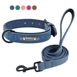 Leren halsband met gepersonaliseerde tekst + riem 120cm