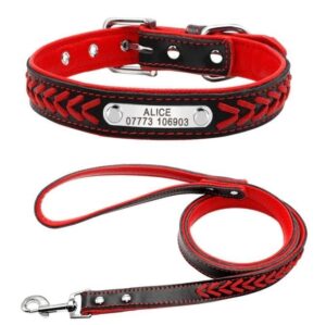 Leren halsband met persoonlijke tekst+riem 120cm